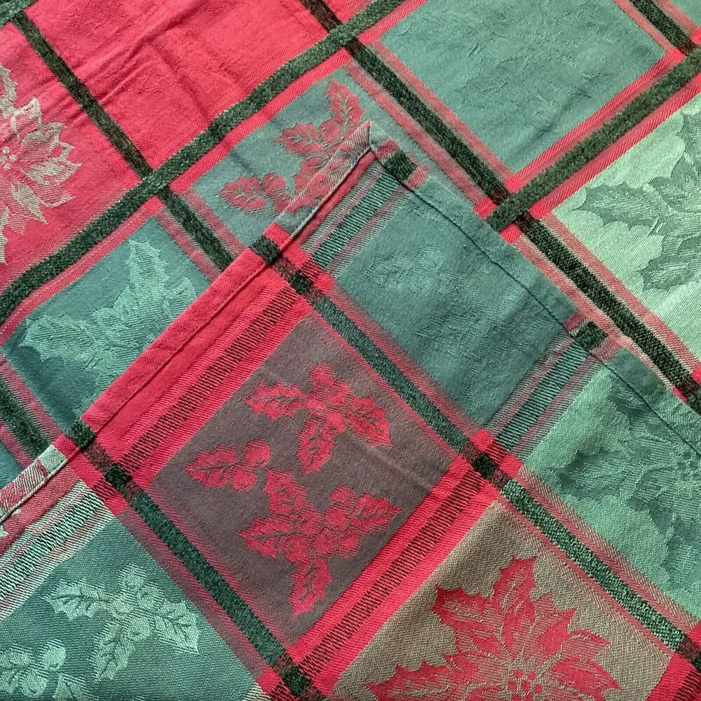 Woven Christmas Holiday Tablecloth Cotton Red Green Plaid Festive Holly Leaves